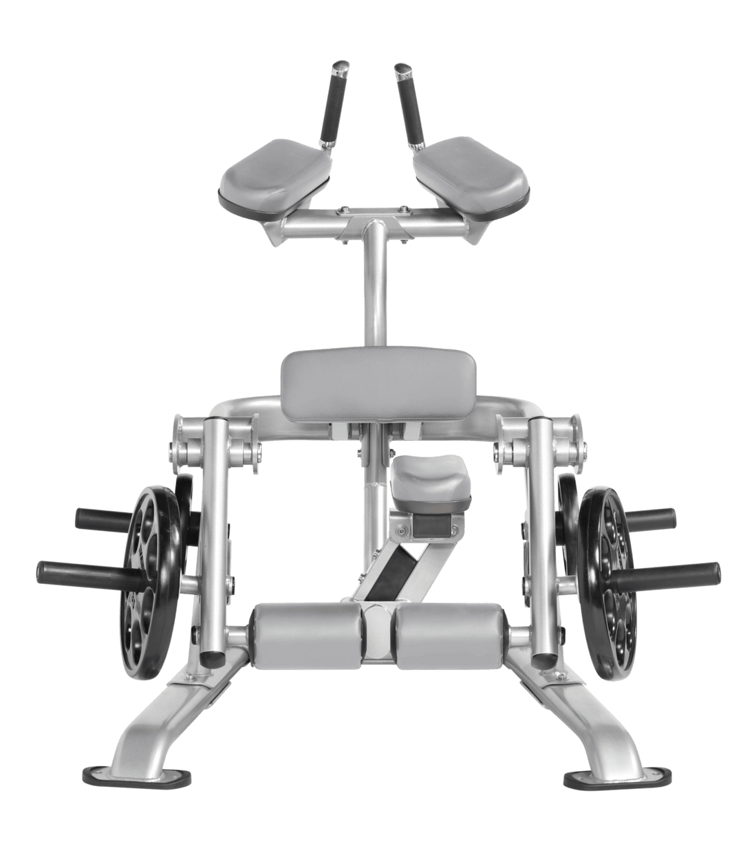 Platinum DVG color Front view of kneeling leg curl showing pads, handles, and weight plate loading positions