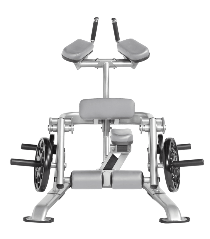 Platinum DVG color Front view of kneeling leg curl showing pads, handles, and weight plate loading positions