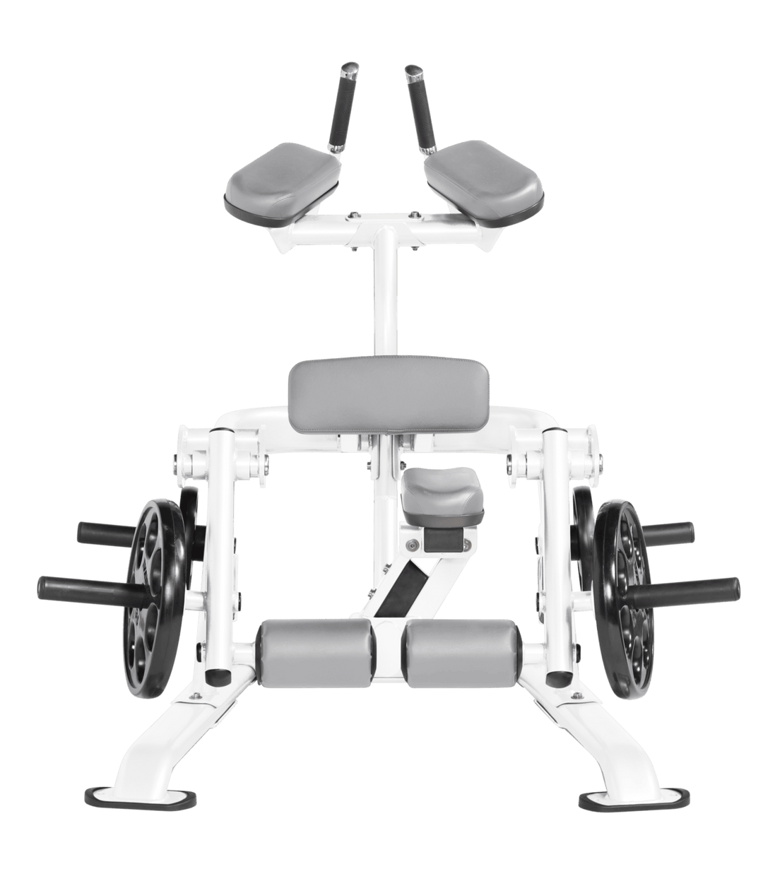 White DVG color Front view of kneeling leg curl showing pads, handles, and weight plate loading positions