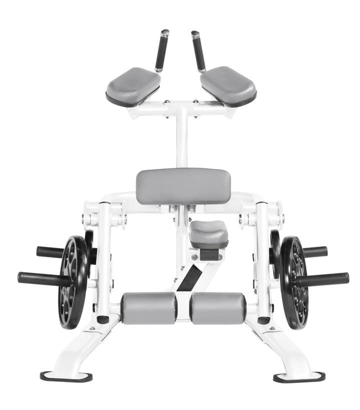 White DVG color Front view of kneeling leg curl showing pads, handles, and weight plate loading positions