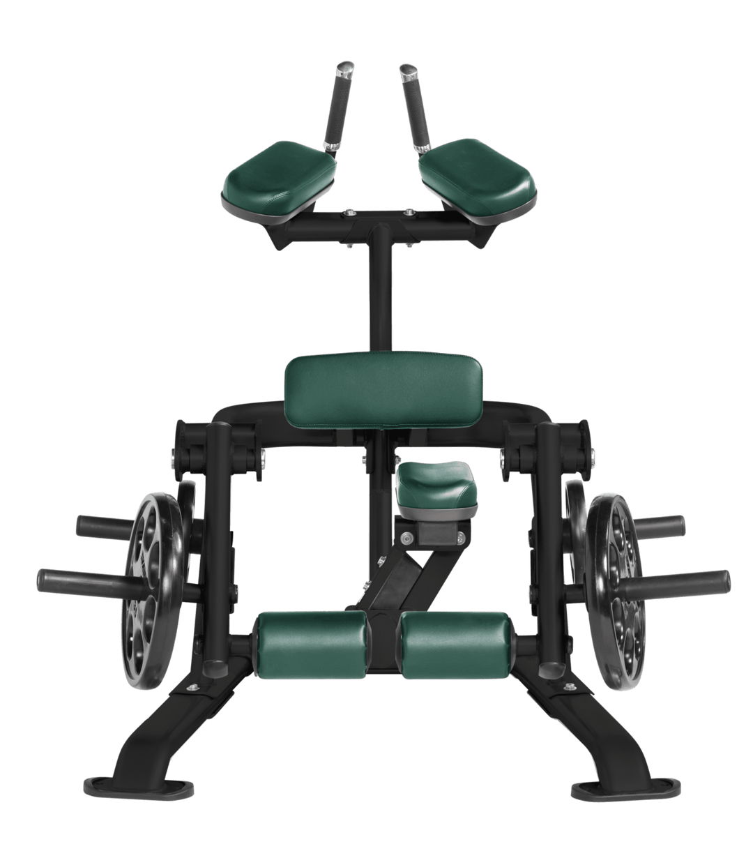 HGR Front view of kneeling leg curl showing pads, handles, and weight plate loading positions