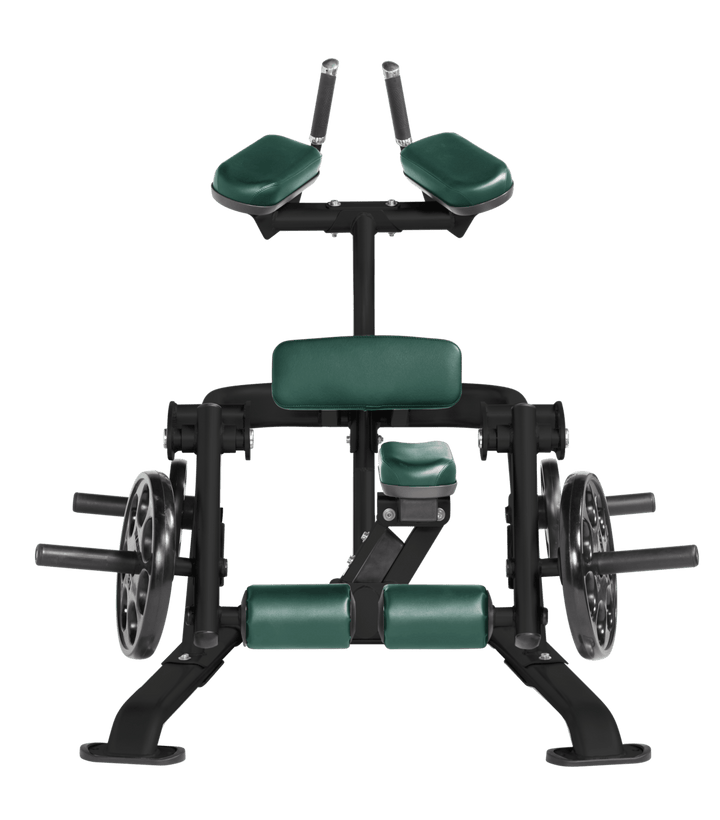 HGR Front view of kneeling leg curl showing pads, handles, and weight plate loading positions