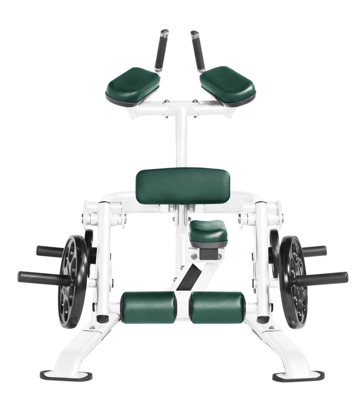 White HGR color Front view of kneeling leg curl showing pads, handles, and weight plate loading positions