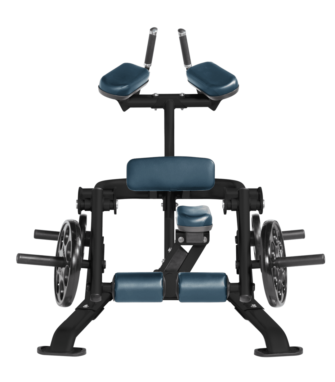 NVY Front view of kneeling leg curl showing pads, handles, and weight plate loading positions