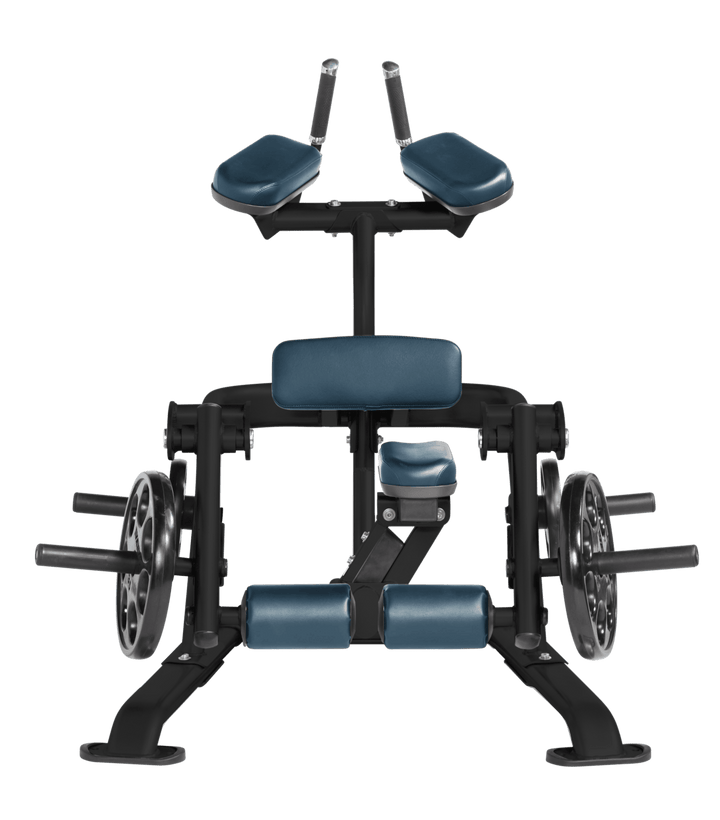 NVY Front view of kneeling leg curl showing pads, handles, and weight plate loading positions