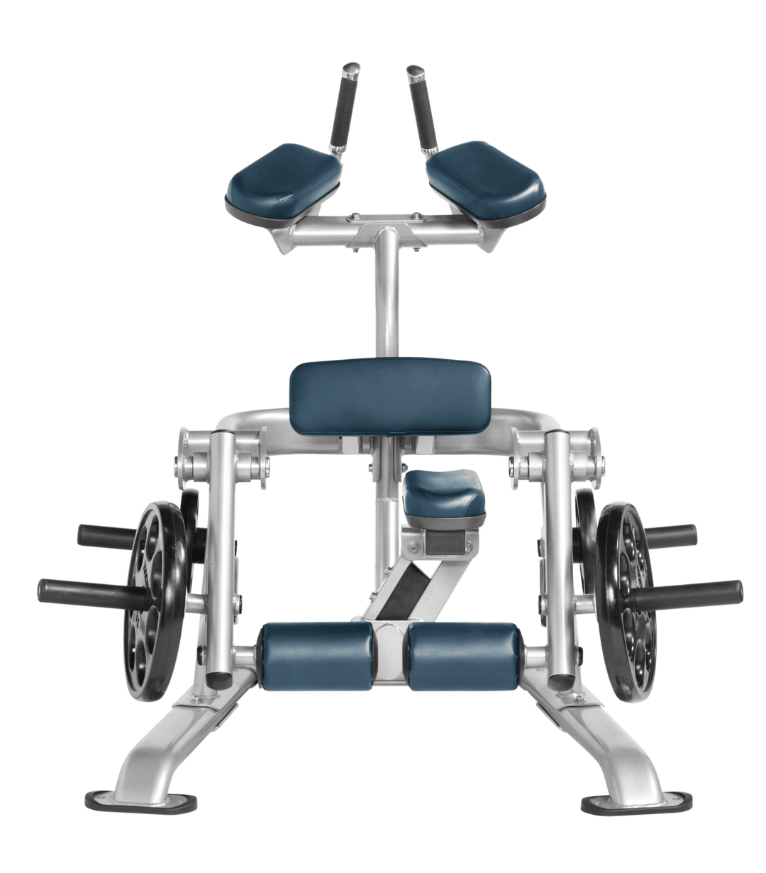 Platinum NVY color Front view of kneeling leg curl showing pads, handles, and weight plate loading positions