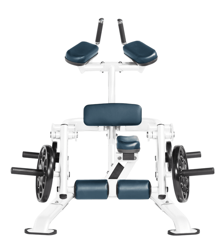 White NVY color Front view of kneeling leg curl showing pads, handles, and weight plate loading positions