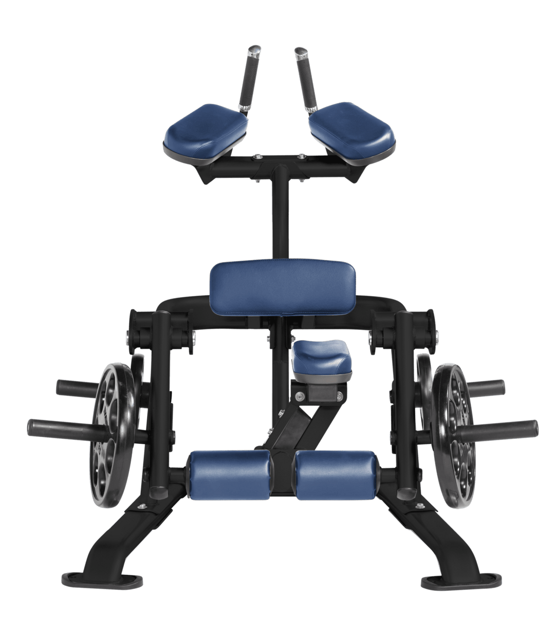 RYL Front view of kneeling leg curl showing pads, handles, and weight plate loading positions