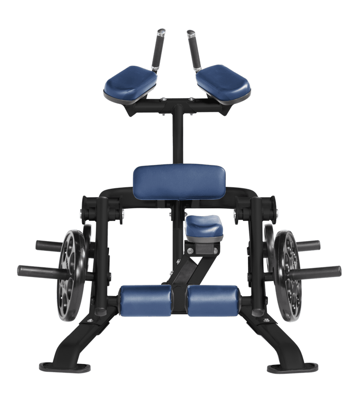 RYL Front view of kneeling leg curl showing pads, handles, and weight plate loading positions