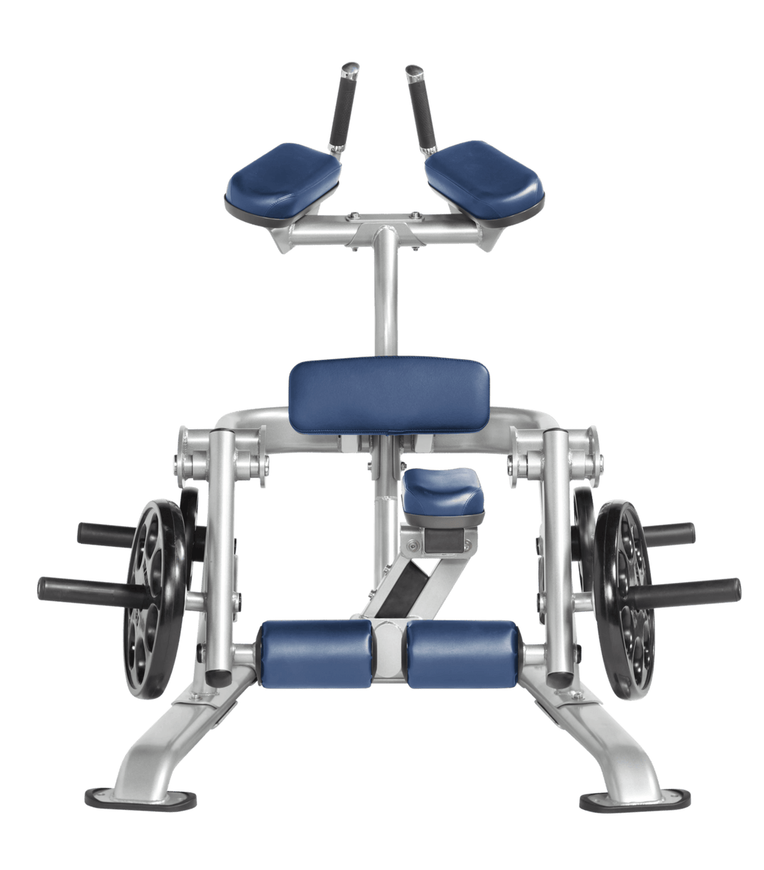 Platinum RYL color Front view of kneeling leg curl showing pads, handles, and weight plate loading positions