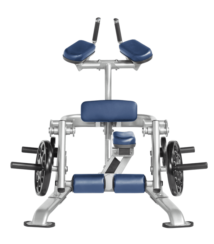 Platinum RYL color Front view of kneeling leg curl showing pads, handles, and weight plate loading positions