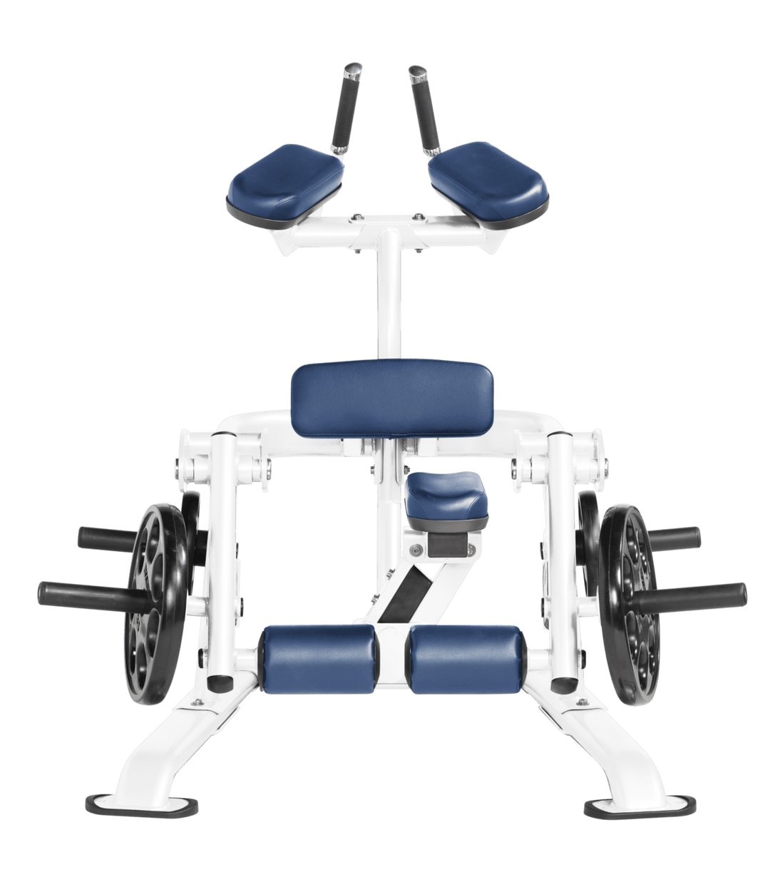White RYL color Front view of kneeling leg curl showing pads, handles, and weight plate loading positions