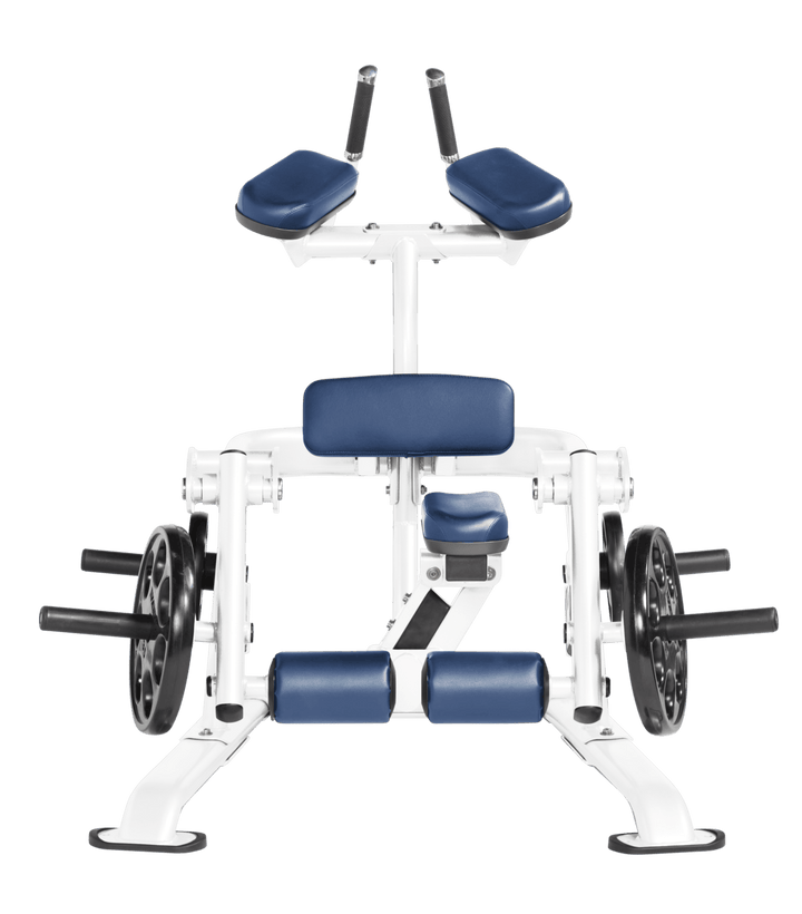 White RYL color Front view of kneeling leg curl showing pads, handles, and weight plate loading positions