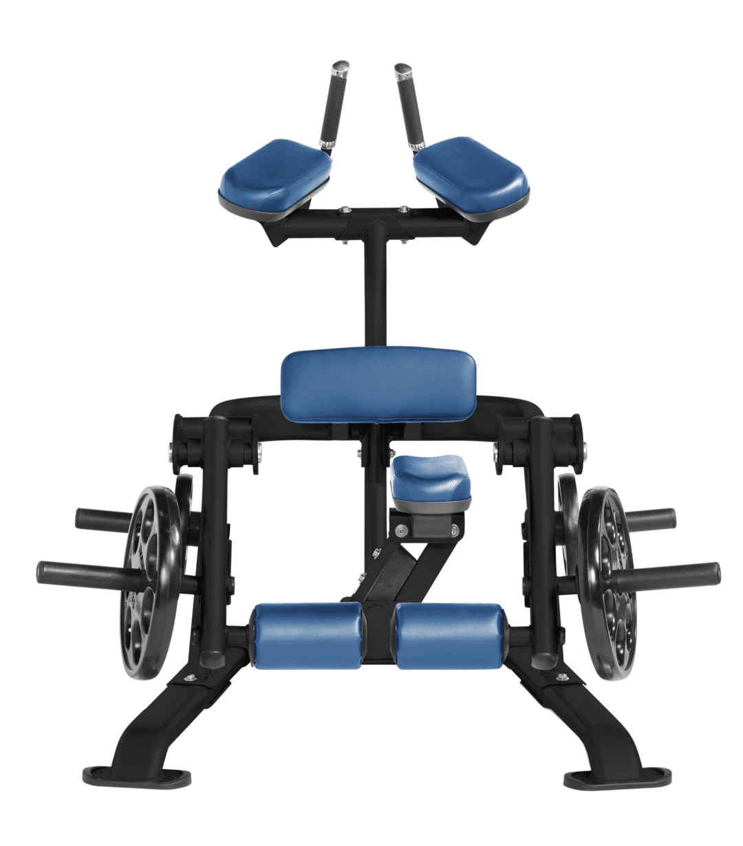 SKY Front view of kneeling leg curl showing pads, handles, and weight plate loading positions