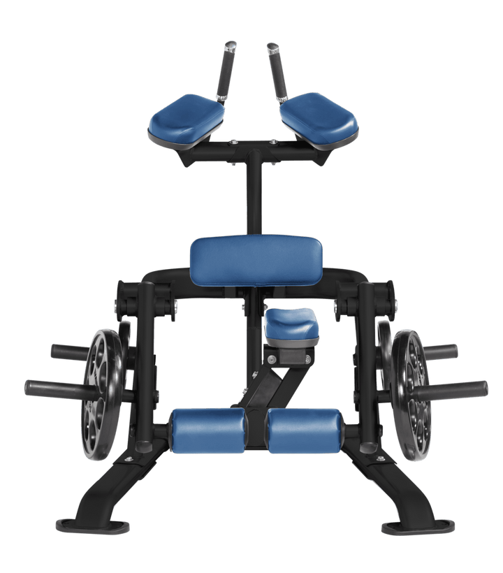 SKY Front view of kneeling leg curl showing pads, handles, and weight plate loading positions