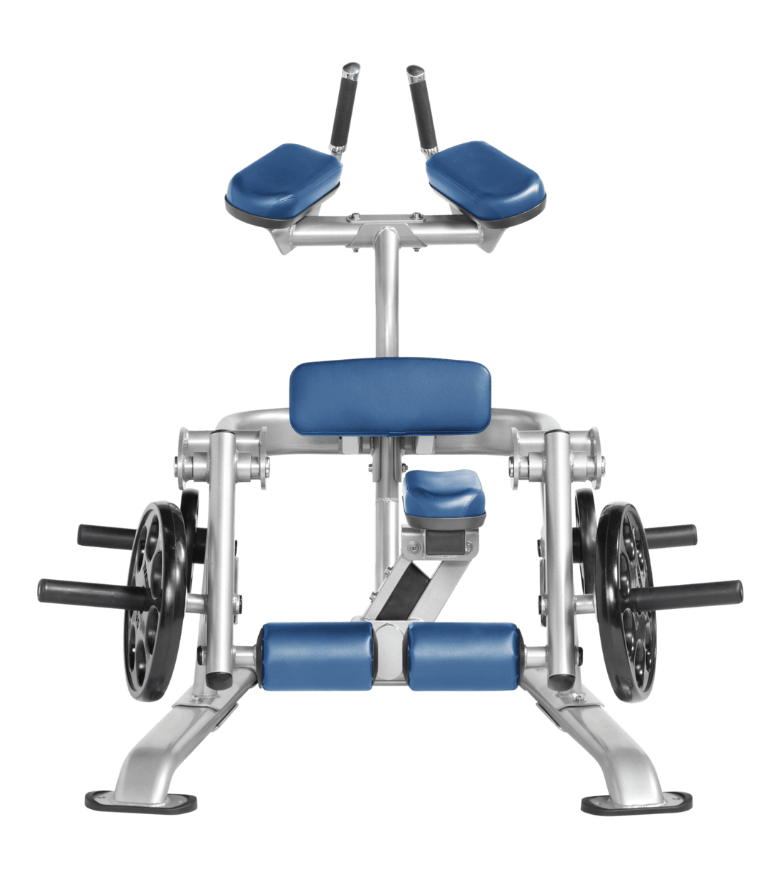 Platinum SKY color Front view of kneeling leg curl showing pads, handles, and weight plate loading positions