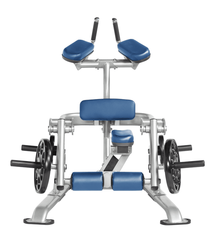 Platinum SKY color Front view of kneeling leg curl showing pads, handles, and weight plate loading positions