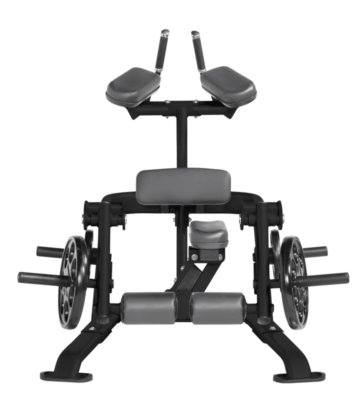 SLG Front view of kneeling leg curl showing pads, handles, and weight plate loading positions