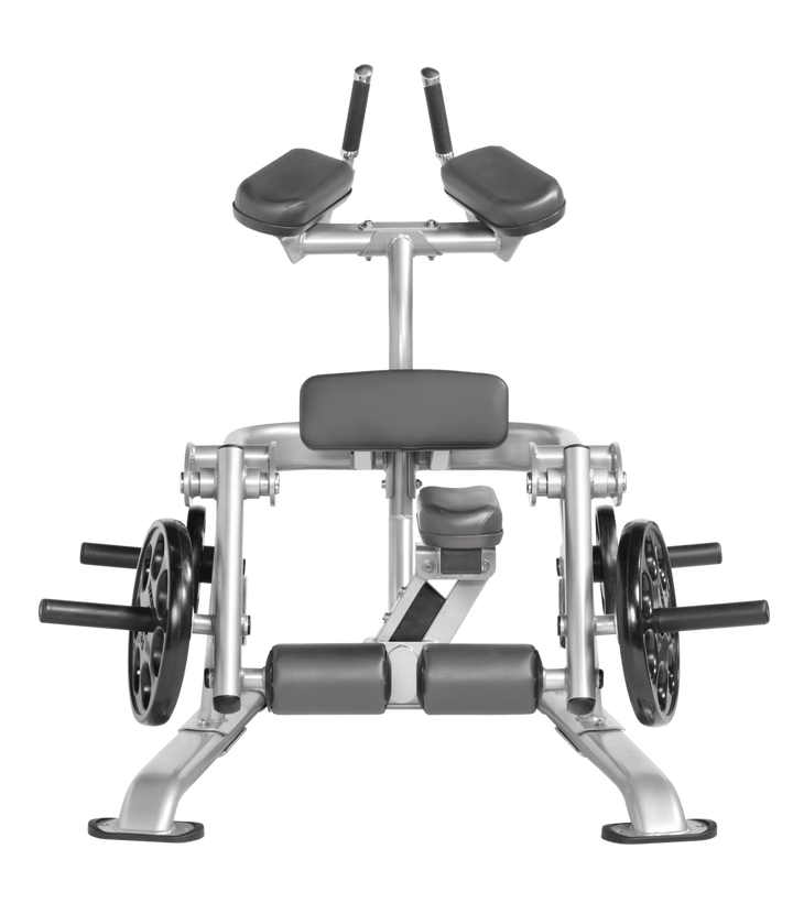 Platinum SLG color Front view of kneeling leg curl showing pads, handles, and weight plate loading positions