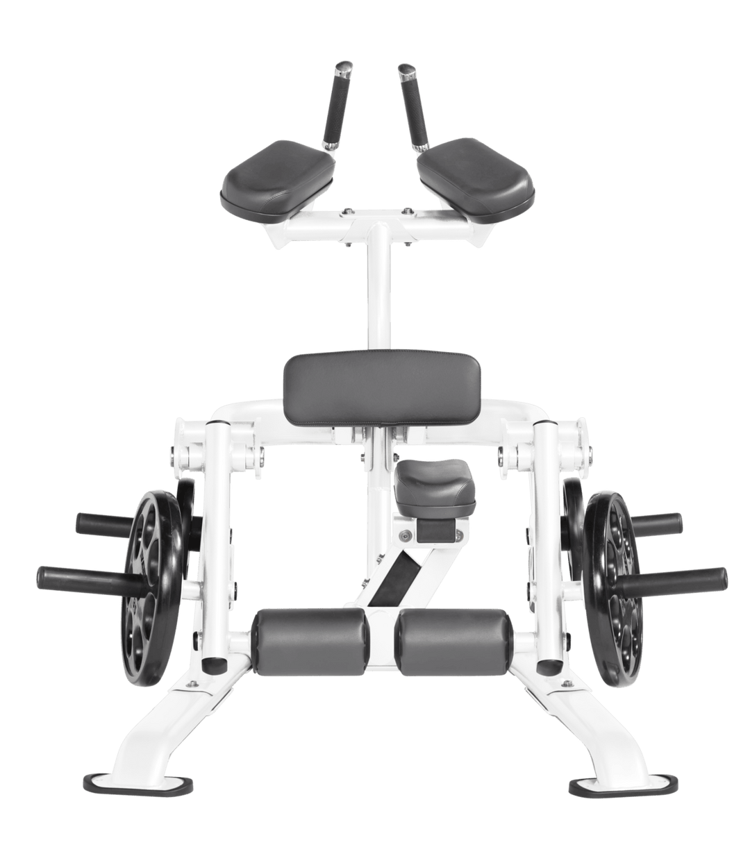 White SLG color Front view of kneeling leg curl showing pads, handles, and weight plate loading positions