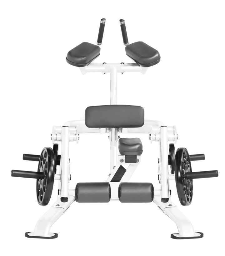 White SLG color Front view of kneeling leg curl showing pads, handles, and weight plate loading positions