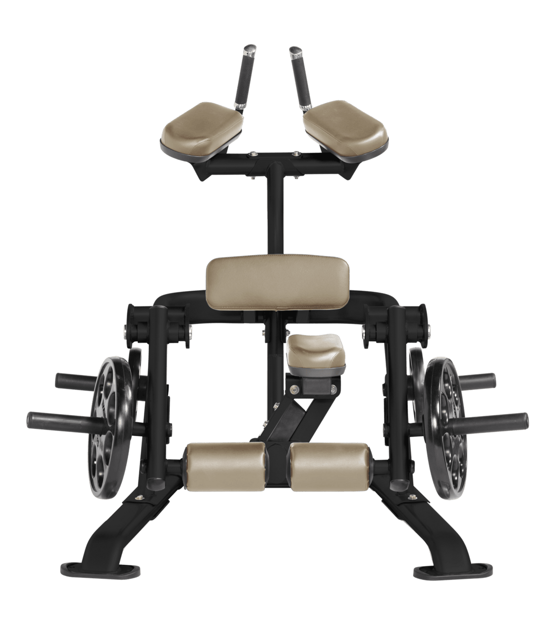 SUE Front view of kneeling leg curl showing pads, handles, and weight plate loading positions