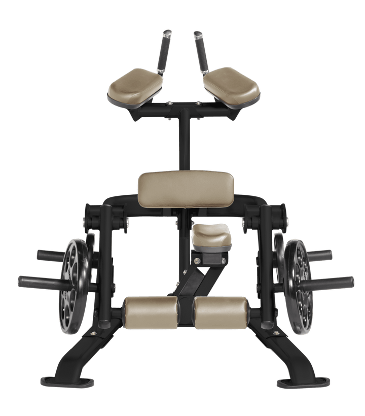 SUE Front view of kneeling leg curl showing pads, handles, and weight plate loading positions