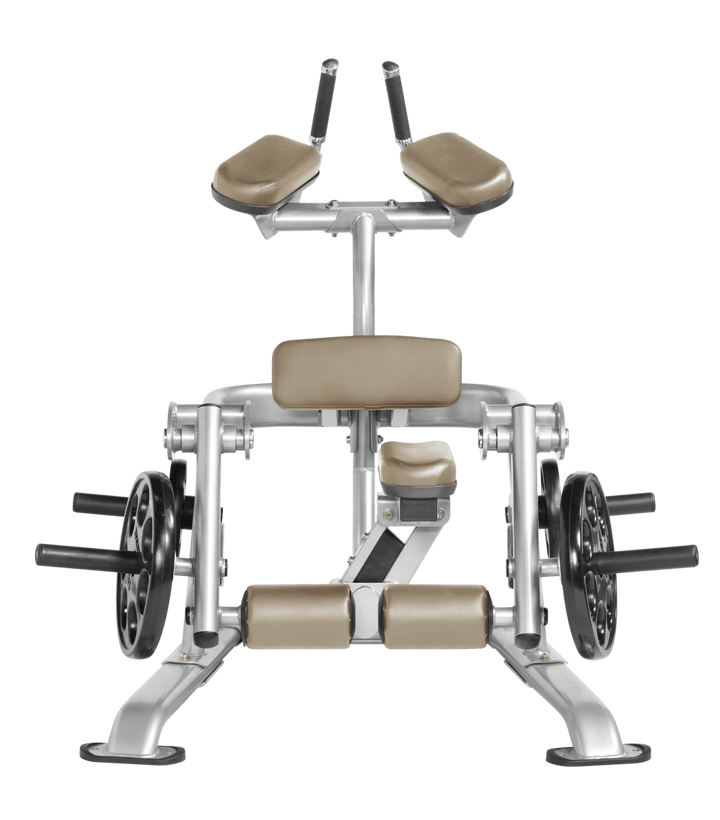 Platinum SUE color Front view of kneeling leg curl showing pads, handles, and weight plate loading positions