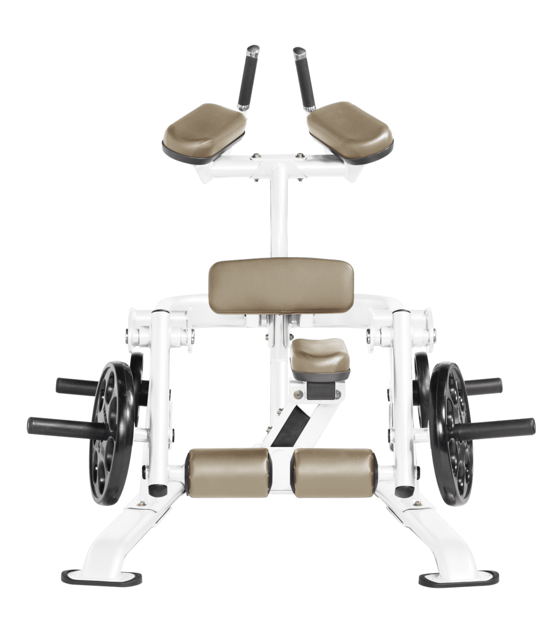 White SUE color Front view of kneeling leg curl showing pads, handles, and weight plate loading positions