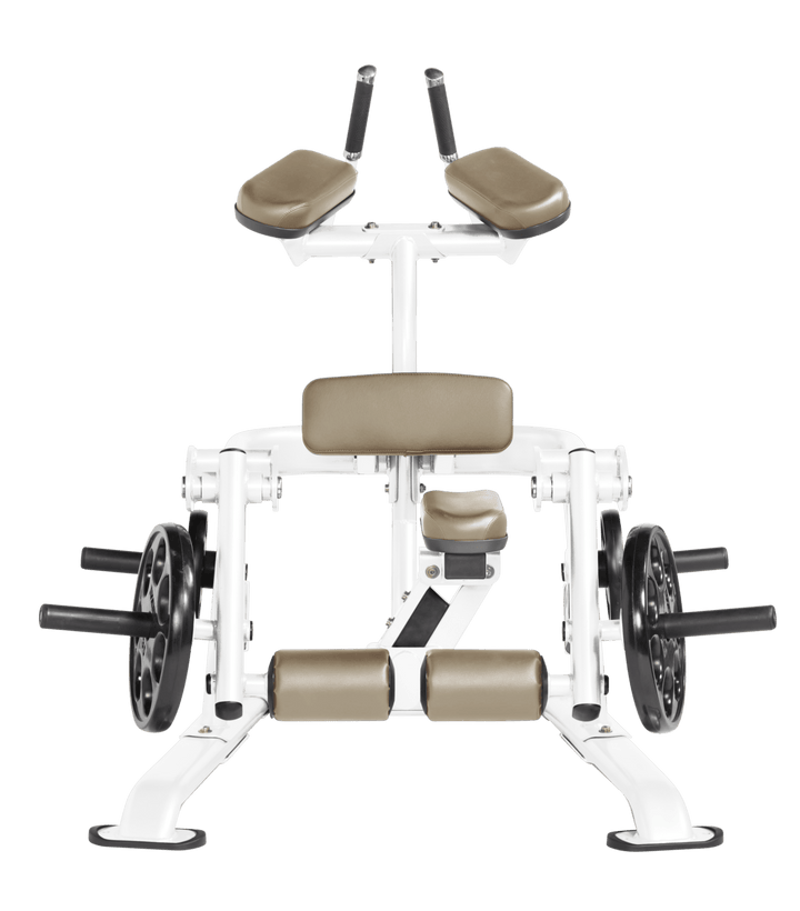 White SUE color Front view of kneeling leg curl showing pads, handles, and weight plate loading positions