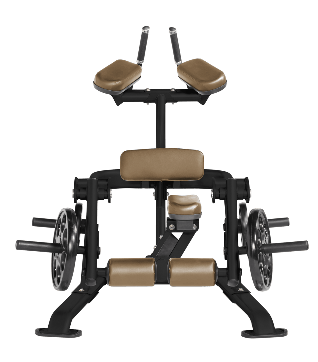 WHT Front view of kneeling leg curl showing pads, handles, and weight plate loading positions