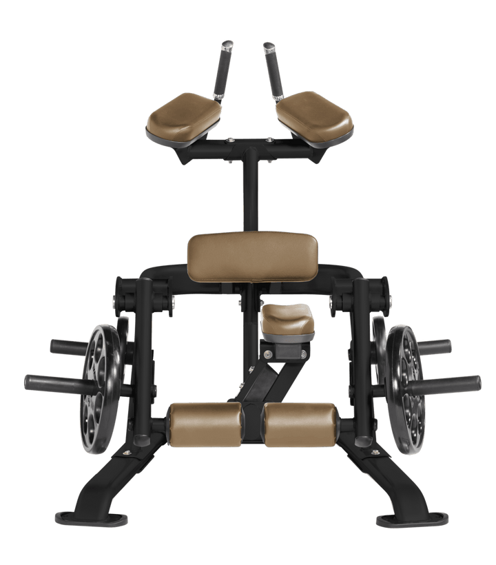 WHT Front view of kneeling leg curl showing pads, handles, and weight plate loading positions