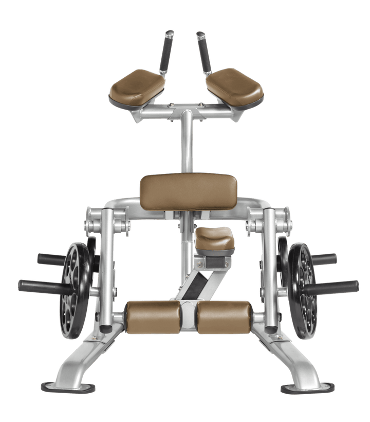 Platinum WHT color Front view of kneeling leg curl showing pads, handles, and weight plate loading positions