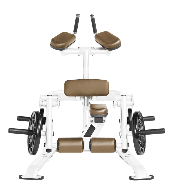 White WHT color Front view of kneeling leg curl showing pads, handles, and weight plate loading positions