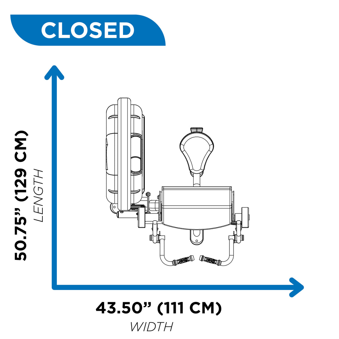 Overhead diagram of biceps curl machine showing 50.75 inch length and 43.5 inch width in closed position.