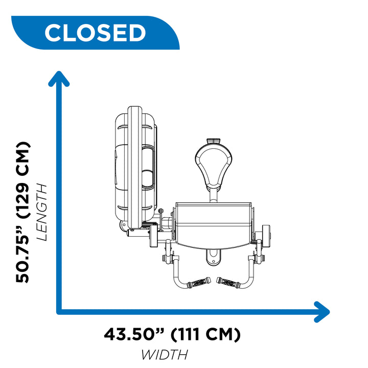 Overhead diagram of biceps curl machine showing 50.75 inch length and 43.5 inch width in closed position.