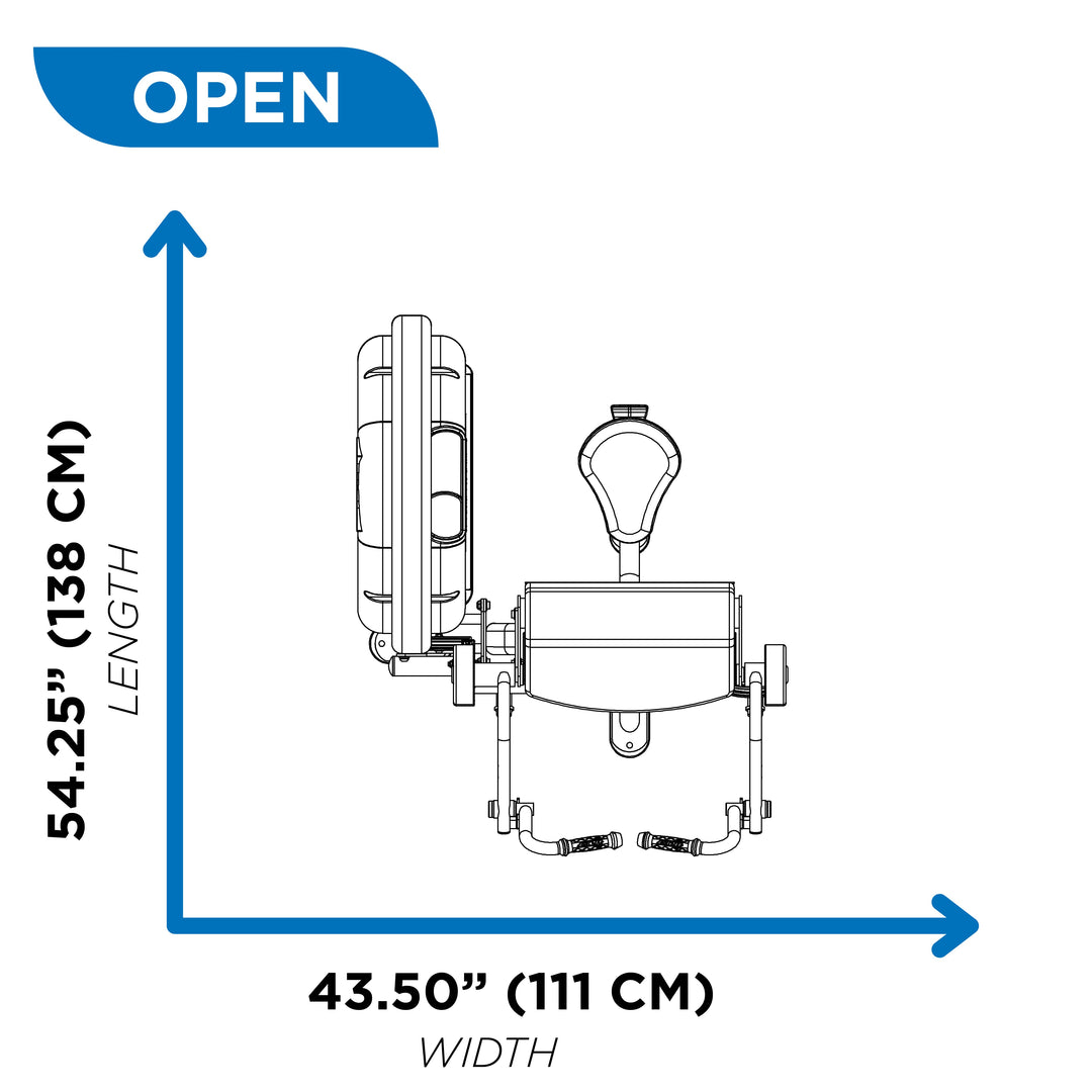 Overhead diagram of biceps curl machine showing 54.25 inch length and 43.5 inch width in open position.