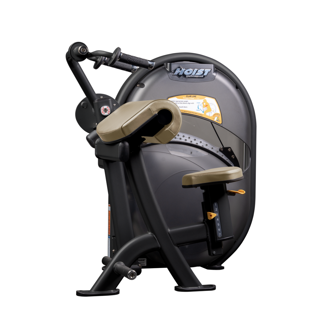 SUE Seated triceps extension machine with overhead handles and arm pad for isolated arm strengthening