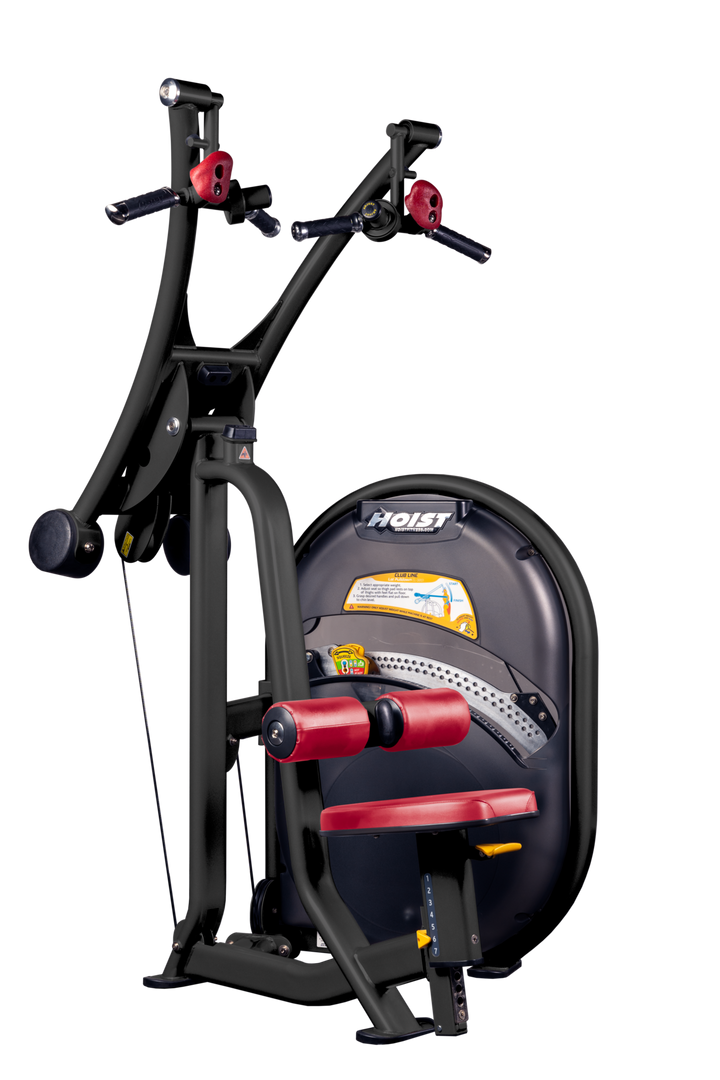 AMB Lat pulldown machine with overhead cable system, thigh pads, and seated position for upper back training