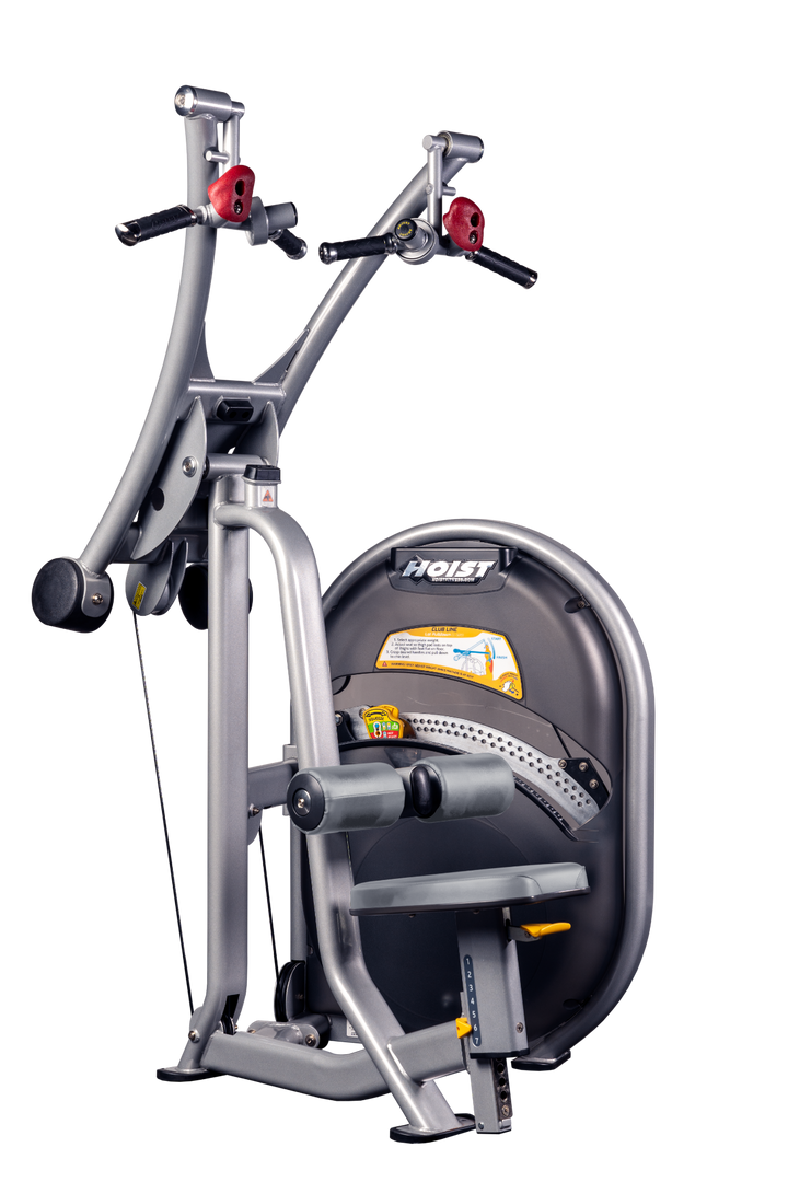 Lat pulldown machine with overhead cable system, thigh pads, and seated position for upper back training