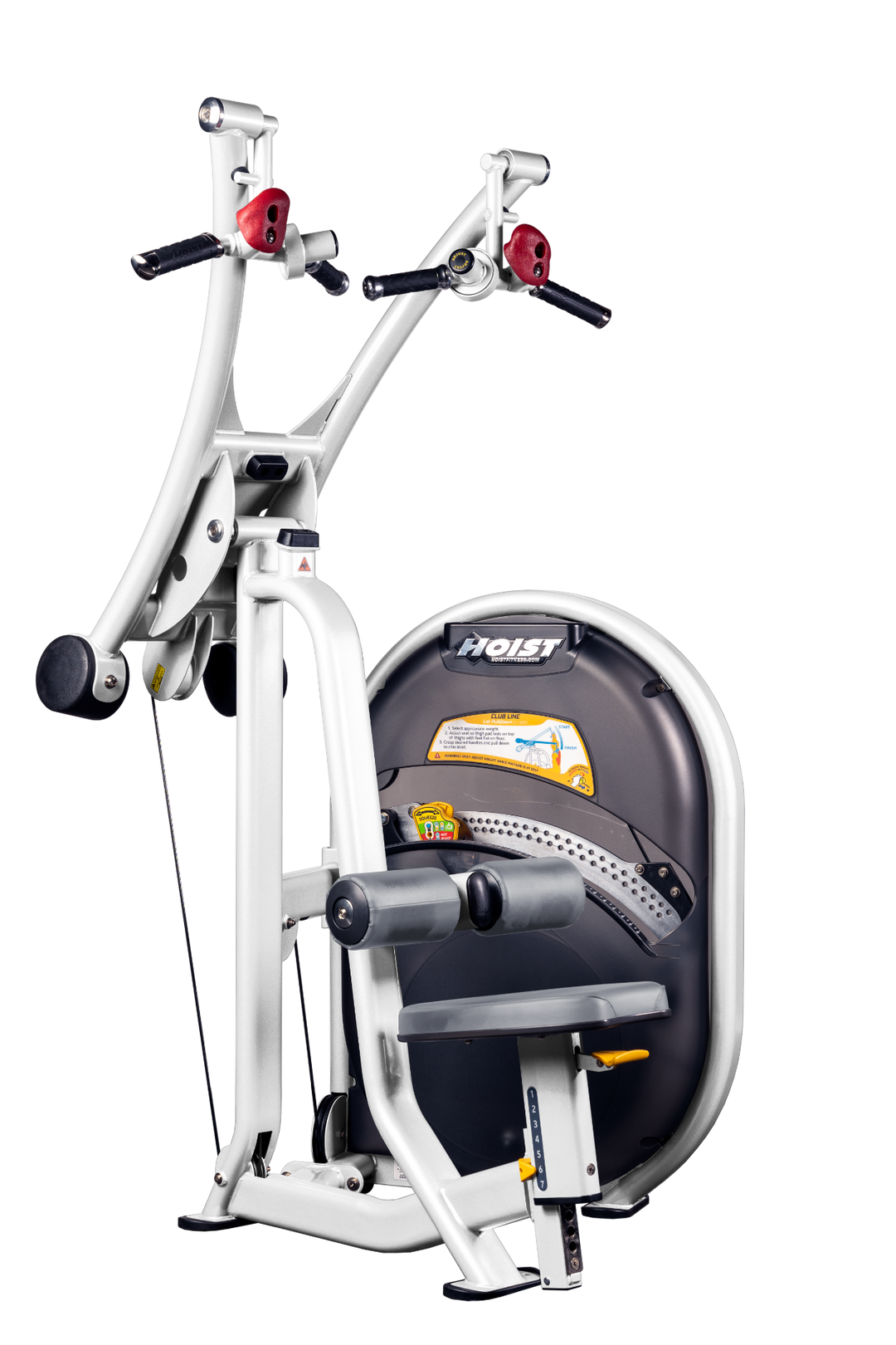 DVG Lat pulldown machine with overhead cable system, thigh pads, and seated position for upper back training