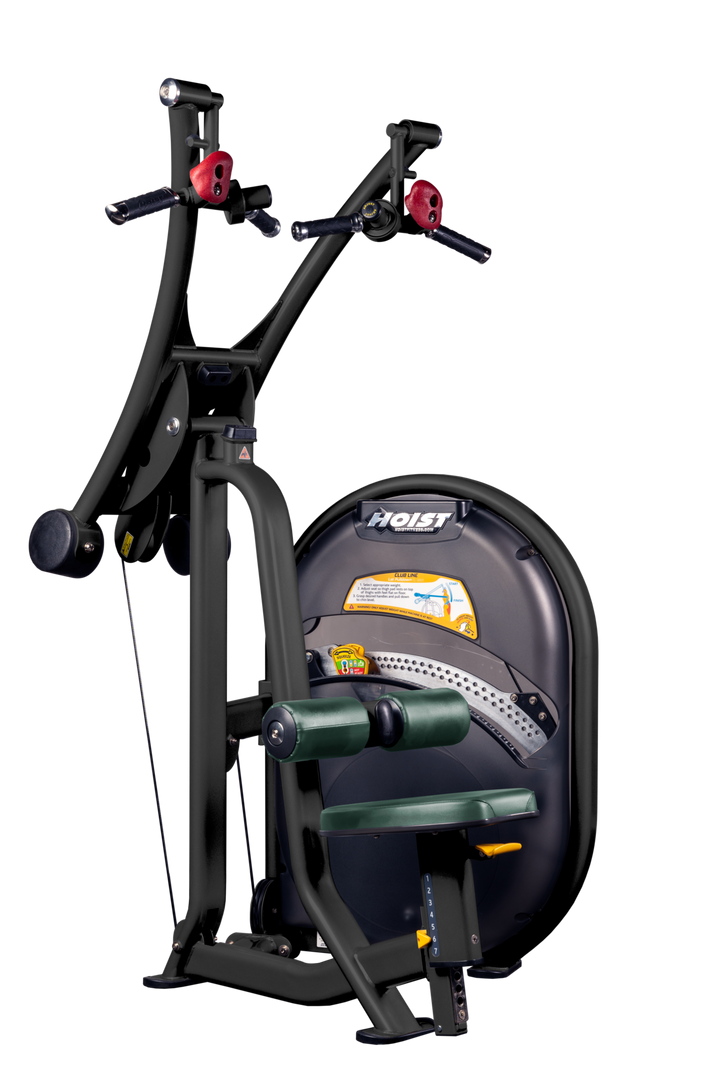 Lat pulldown machine with overhead cable system, thigh pads, and seated position for upper back training