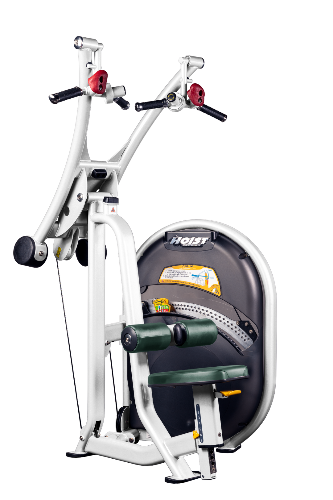 HGR Lat pulldown machine with overhead cable system, thigh pads, and seated position for upper back training