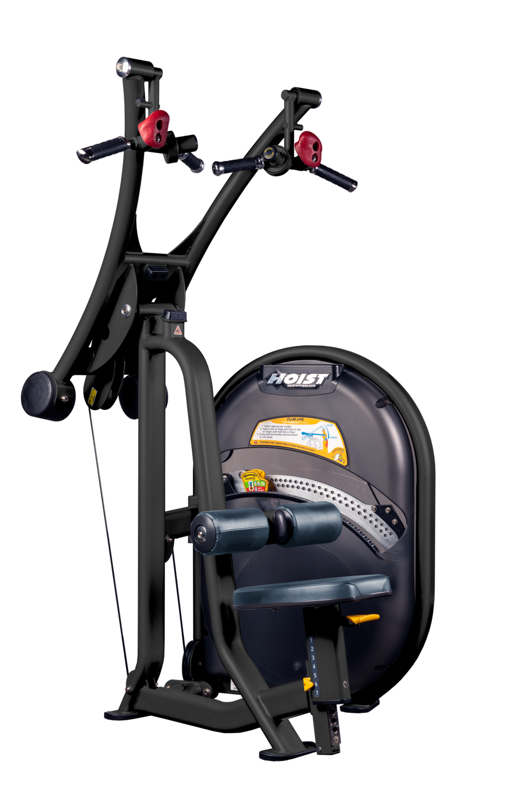 Lat pulldown machine with overhead cable system, thigh pads, and seated position for upper back training