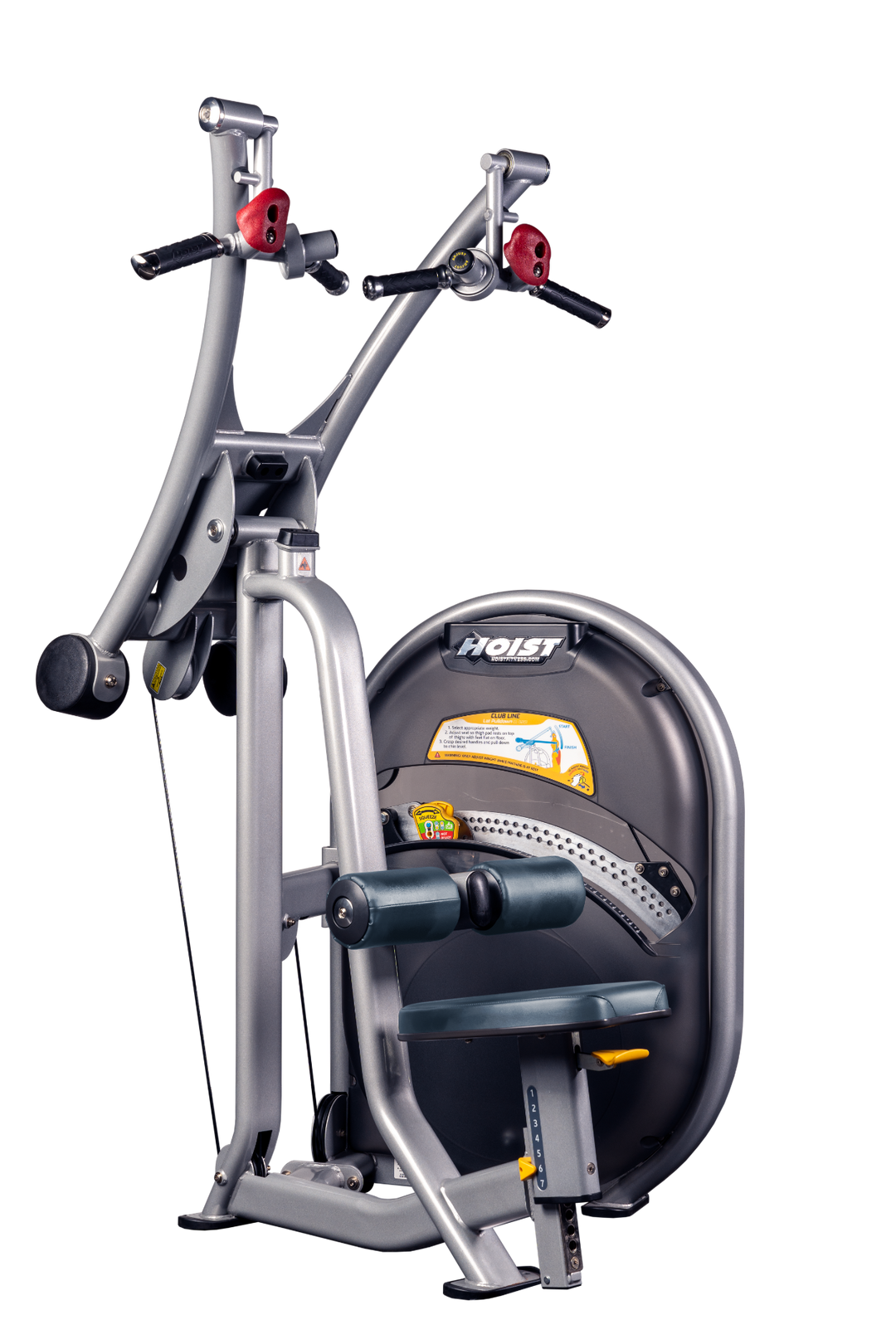NVY Lat pulldown machine with overhead cable system, thigh pads, and seated position for upper back training