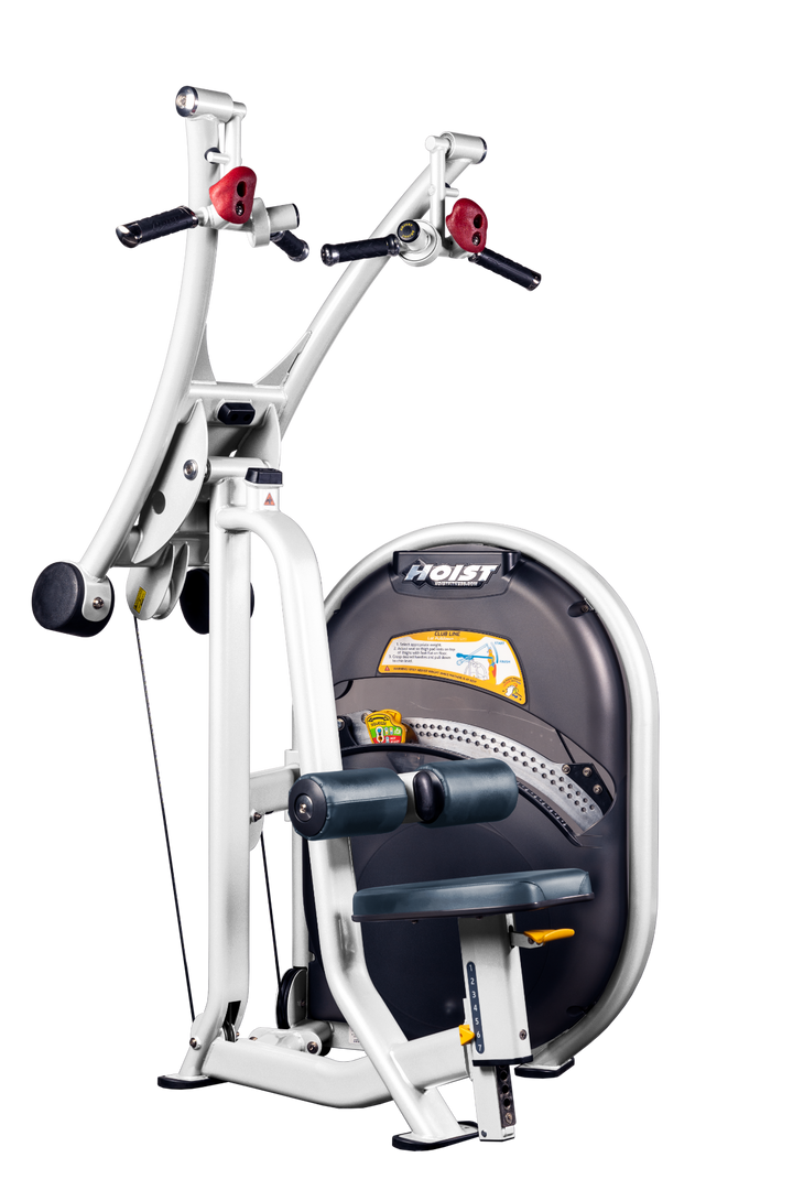 NVY Lat pulldown machine with overhead cable system, thigh pads, and seated position for upper back training