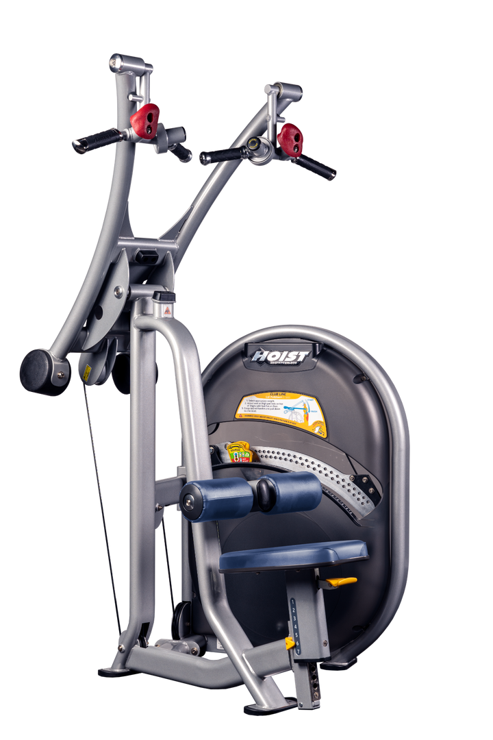 RYL Lat pulldown machine with overhead cable system, thigh pads, and seated position for upper back training