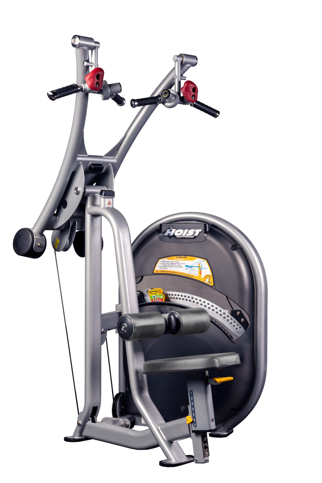 SLG Lat pulldown machine with overhead cable system, thigh pads, and seated position for upper back training