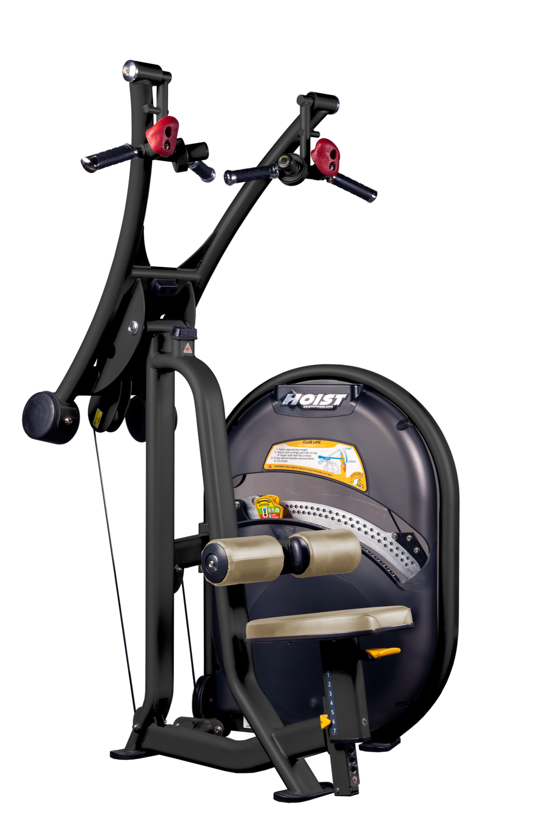 SUE Lat pulldown machine with overhead cable system, thigh pads, and seated position for upper back training