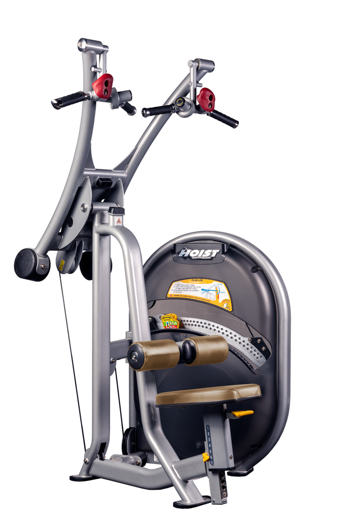 WHT Lat pulldown machine with overhead cable system, thigh pads, and seated position for upper back training